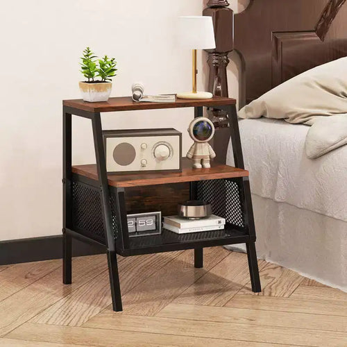 Costway 1/2 PCS Industrial Nightstand 3-Tier End Table with 2 Open Shelves & Metal Mesh Compartment
