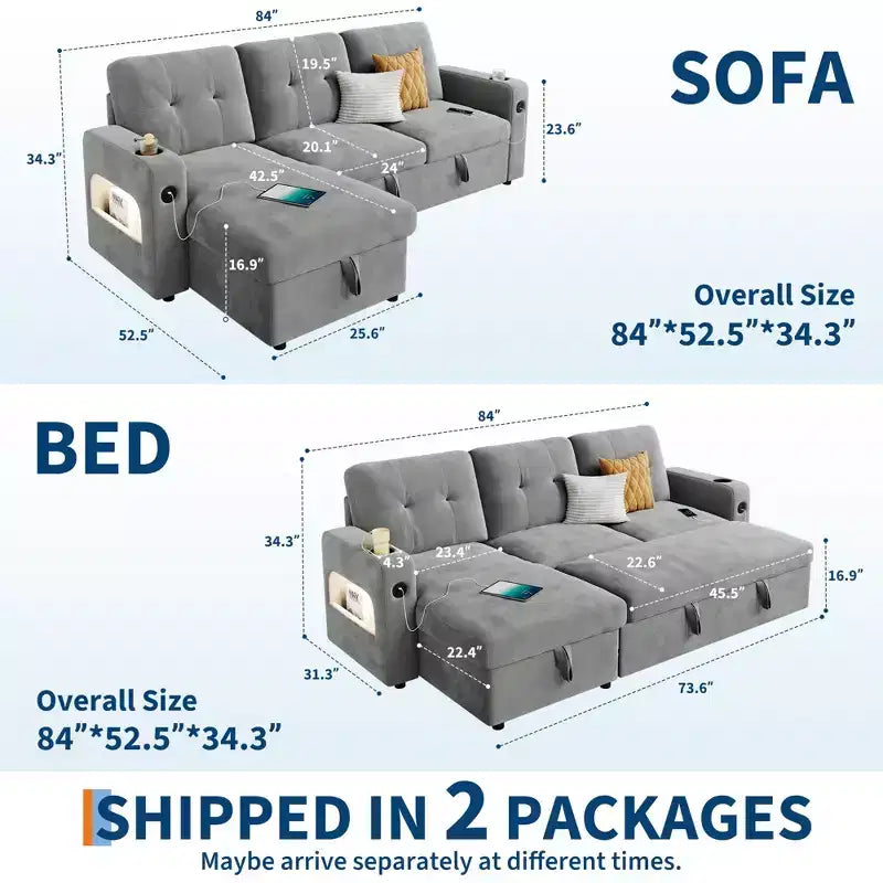 84 Inch Sleeper Sofa Couch, L-Shaped Sofa, Convertible Pull Out Sofa Bed with Storage, Charging Station, Led Lights, Modern Sectional Sofa