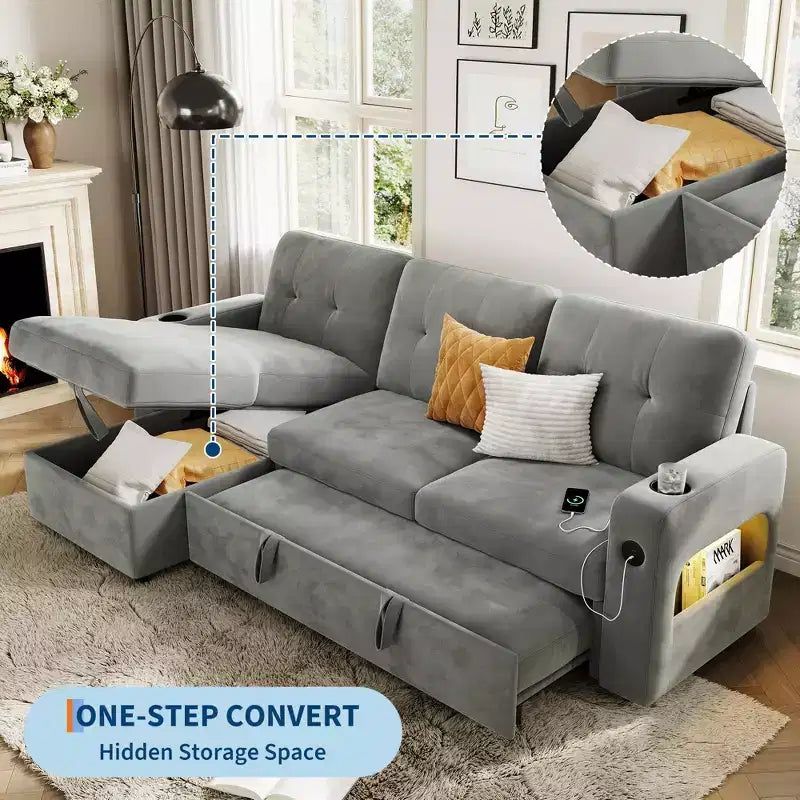 84 Inch Sleeper Sofa Couch, L-Shaped Sofa, Convertible Pull Out Sofa Bed with Storage, Charging Station, Led Lights, Modern Sectional Sofa