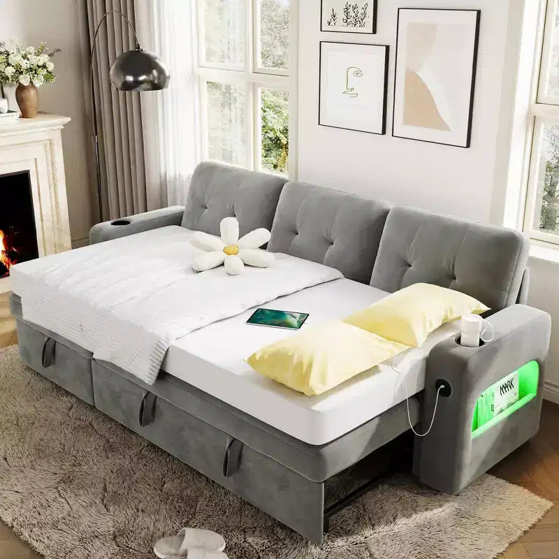 84 Inch Sleeper Sofa Couch, L-Shaped Sofa, Convertible Pull Out Sofa Bed with Storage, Charging Station, Led Lights, Modern Sectional Sofa