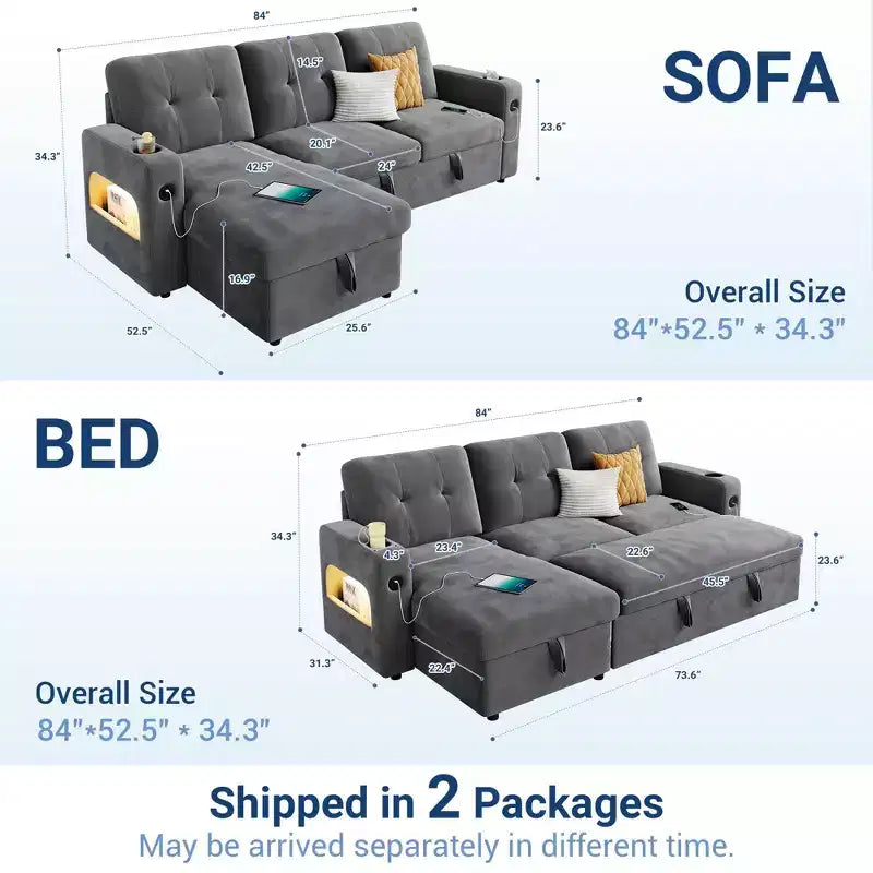 84 Inch Sleeper Sofa Couch, L-Shaped Sofa, Convertible Pull Out Sofa Bed with Storage, Charging Station, Led Lights, Modern Sectional Sofa