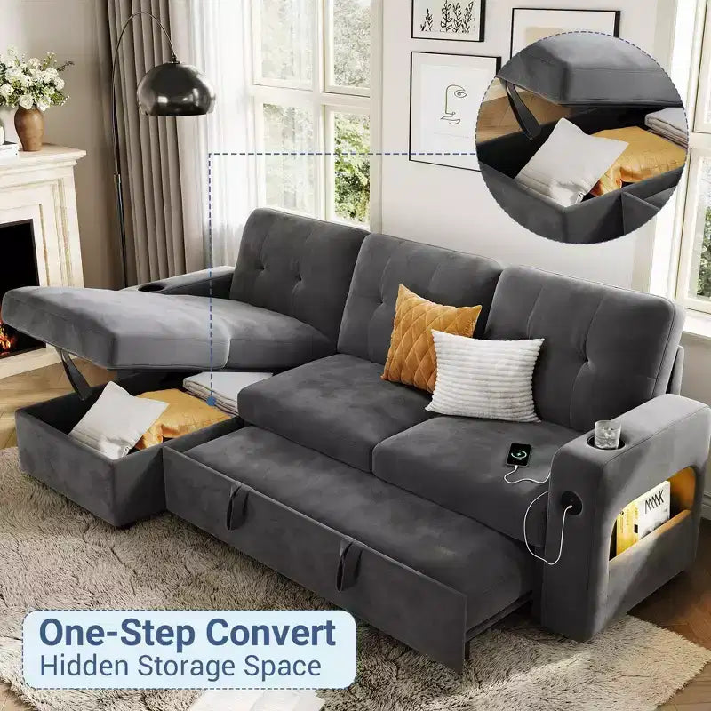 84 Inch Sleeper Sofa Couch, L-Shaped Sofa, Convertible Pull Out Sofa Bed with Storage, Charging Station, Led Lights, Modern Sectional Sofa