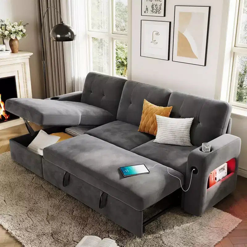 84 Inch Sleeper Sofa Couch, L-Shaped Sofa, Convertible Pull Out Sofa Bed with Storage, Charging Station, Led Lights, Modern Sectional Sofa