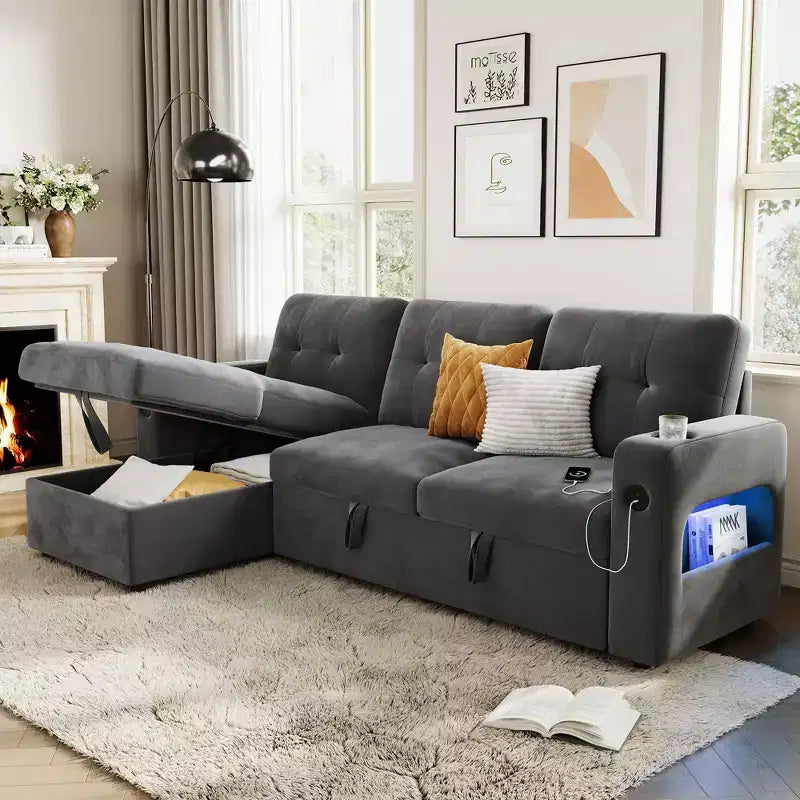84 Inch Sleeper Sofa Couch, L-Shaped Sofa, Convertible Pull Out Sofa Bed with Storage, Charging Station, Led Lights, Modern Sectional Sofa