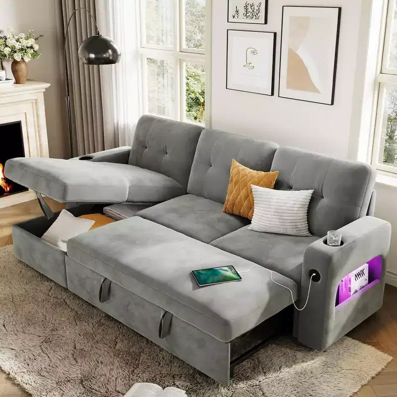 84 Inch Sleeper Sofa Couch, L-Shaped Sofa, Convertible Pull Out Sofa Bed with Storage, Charging Station, Led Lights, Modern Sectional Sofa